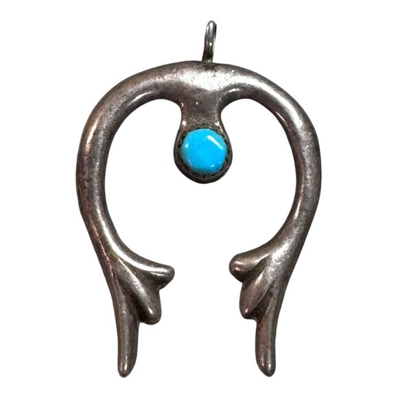 Native Jewelry - Vintage Navajo Sterling Silver Naja Pendant Turquoise Stone Accent Sand Cast